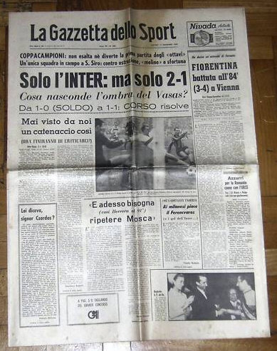 Cikk az 1966-os Népsportban
A LABDARÚGÓ BAJNOKCSAPATOK EURÓPAKUPÁJÁÉRT
Taktikai fegyelemmel: egygólos hátrány
Internazionale - Vasas 2:1 (0:0)
Milánó, 1966. November 16.
(Tudósítónk telefonjelentése)